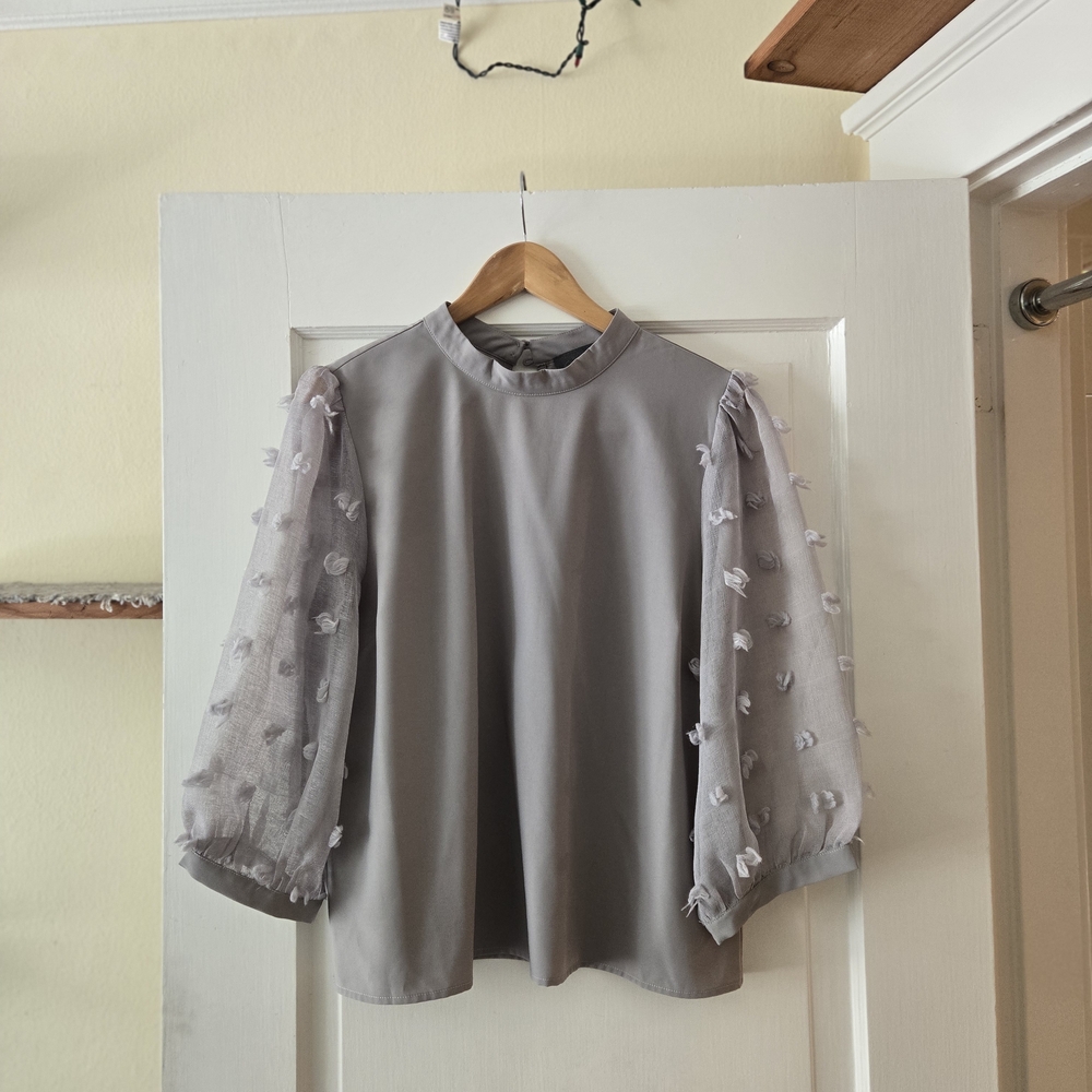 Sunday in Brooklyn Gray Blouse with Textured Sleeves